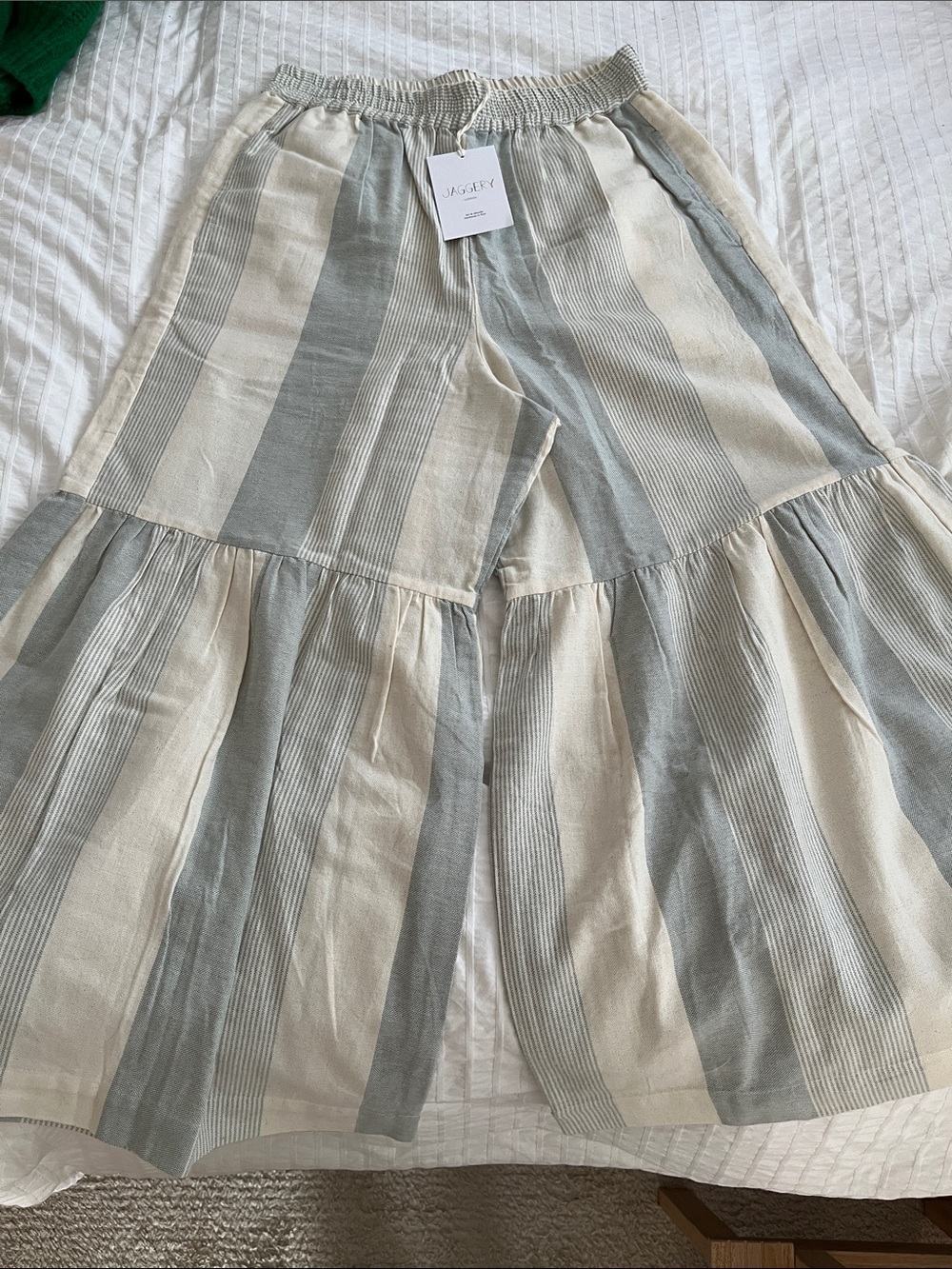 Jaggery London Paloma Ruffle Pants in Blue and Cream stripe